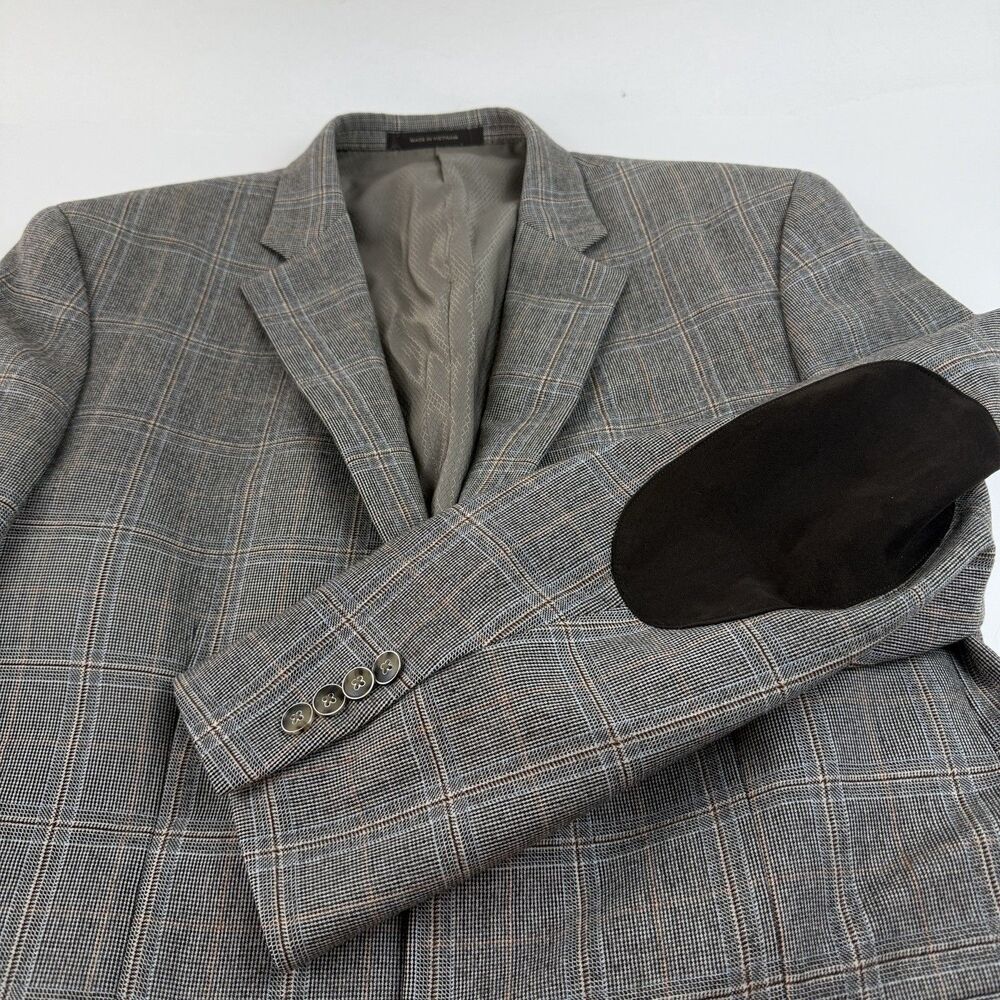 TASSO ELBA Wool Blazer 42R Elbow Patch Tan Grey Glen Plaid  Sport Coat Jacket